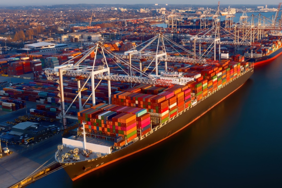 a ship in a sea port