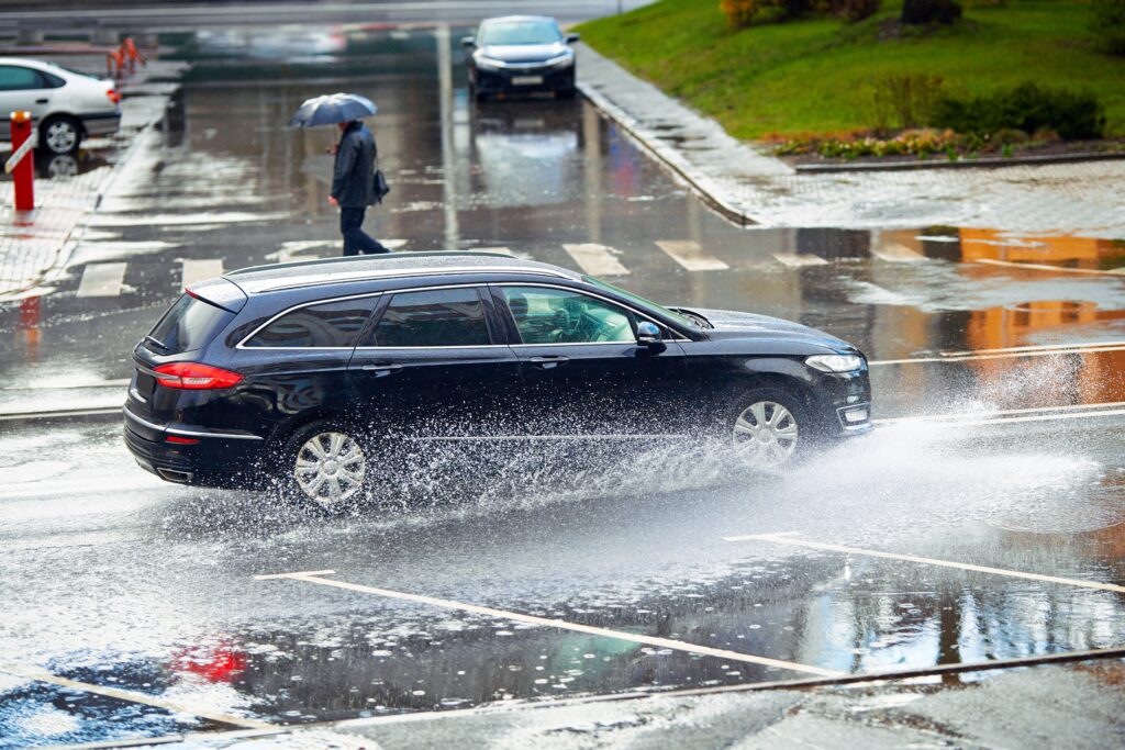 car driving on a wet road